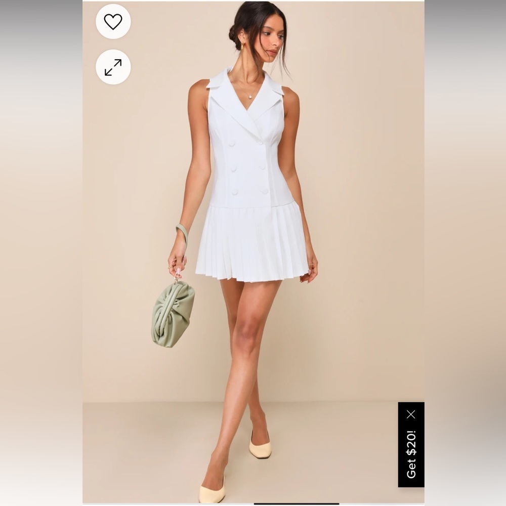 Posh Vision White Sleeveless Blazer Pleated Mini Dress